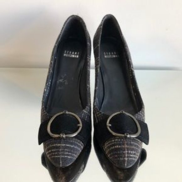Stuart Weitzman Classic Gray Plaid Tweed Heels Size 7N - Picture 2 of 8